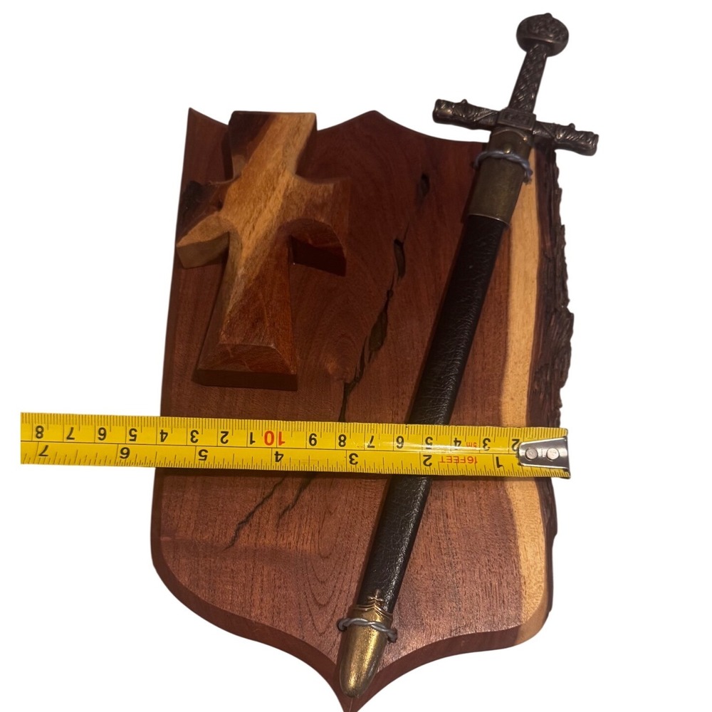 Handmade Live Edge Wood Shield Carved Cross & Replica Sword Letter Opener Gothic - Picture 6 of 10